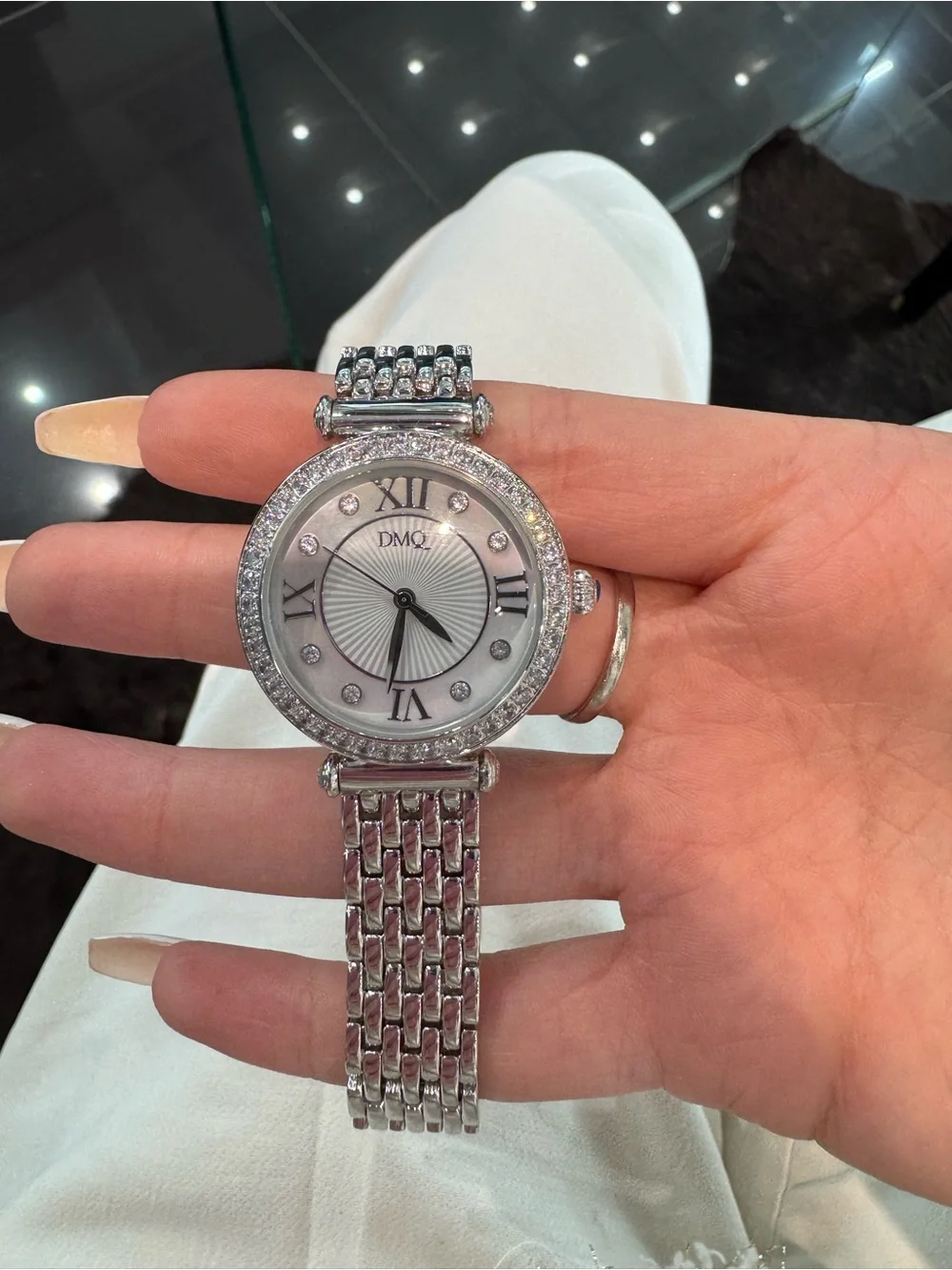 New DMQ CZ Women's Silver-Tone Crystal Bezel Roman Numeral Dress Watch